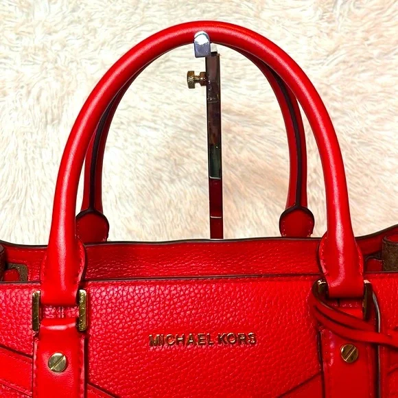 Michael Kors MK Nouveau Hamilton Leather Satchel Crossbody Bag Purse in Red - Picture 9 of 17
